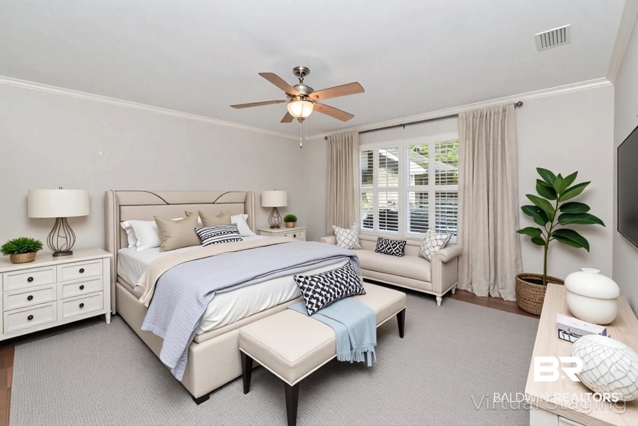 8 Lancaster Road Mobile, AL 36608 - Photo 11 of 24 VIRTUALLY STAGED - Bedroom featuring ornamental molding, ceiling fan, and wood finished floors