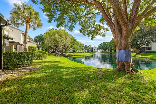 a backyard of a house with lots of green space and fountain