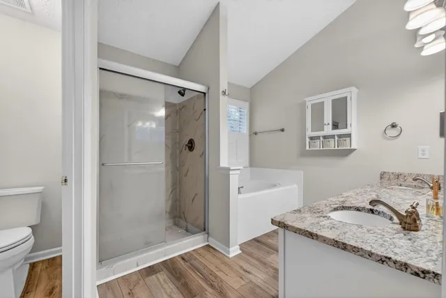 a bathroom with a granite countertop sink a toilet and shower