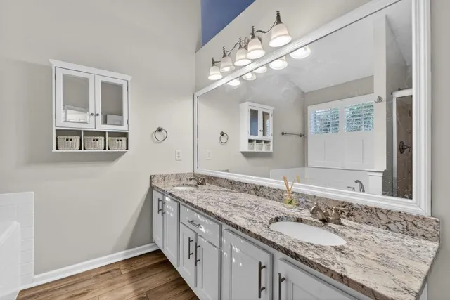 a bathroom with a granite countertop double vanity and a mirror