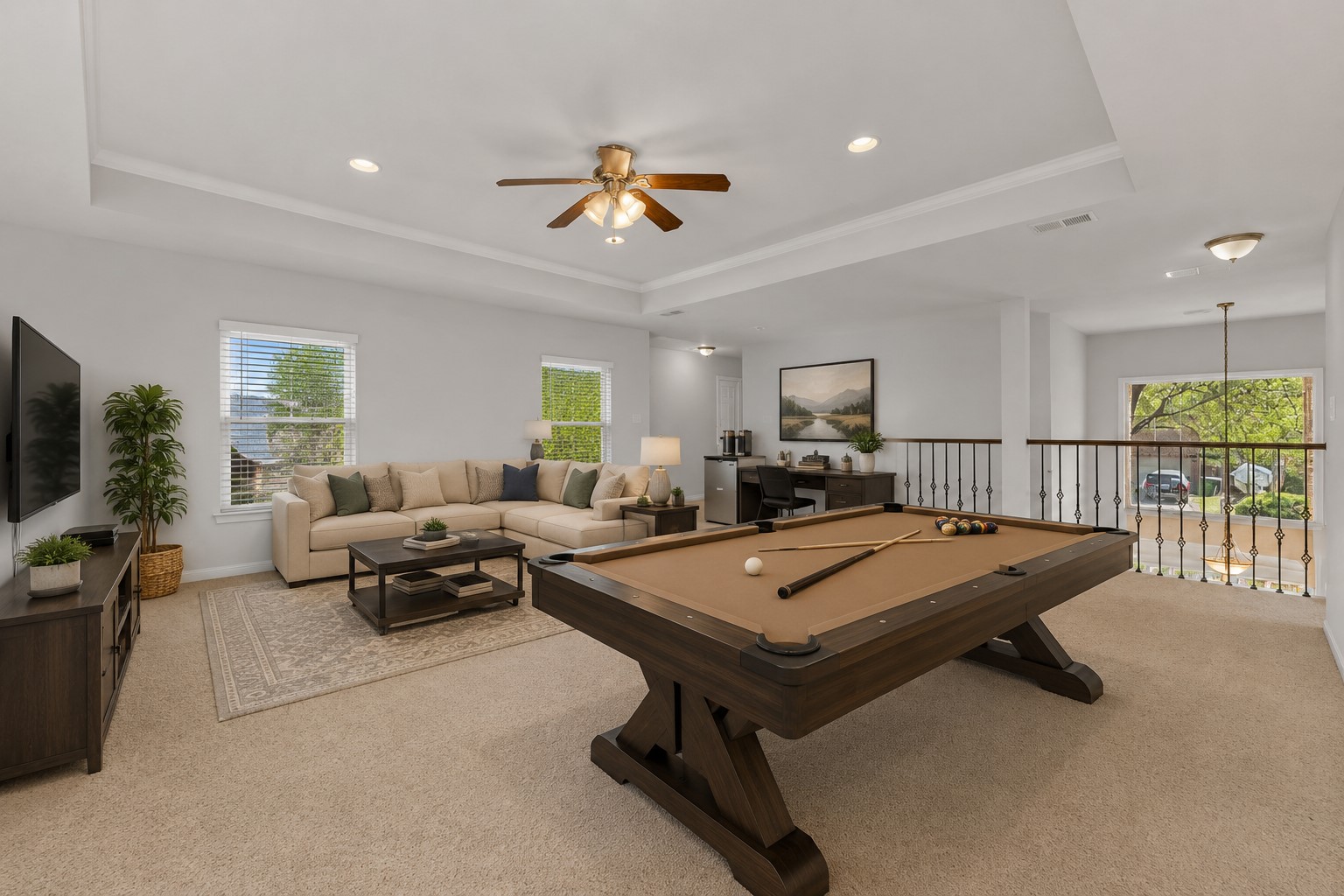 12528 Labrador Cove Austin, TX 78729 - Photo 32 of 40 ? Virtually Staged Game Room
This expansive upstairs game room has been virtually staged to showcase its incredible versatility and entertaining potential. The oversized layout easily accommodates a dedicated recreation area featuring a premium pool table, while a comfortable Pottery Barn-inspired sectional creates the perfect space for movie nights, gaming, or relaxing with family and friends.