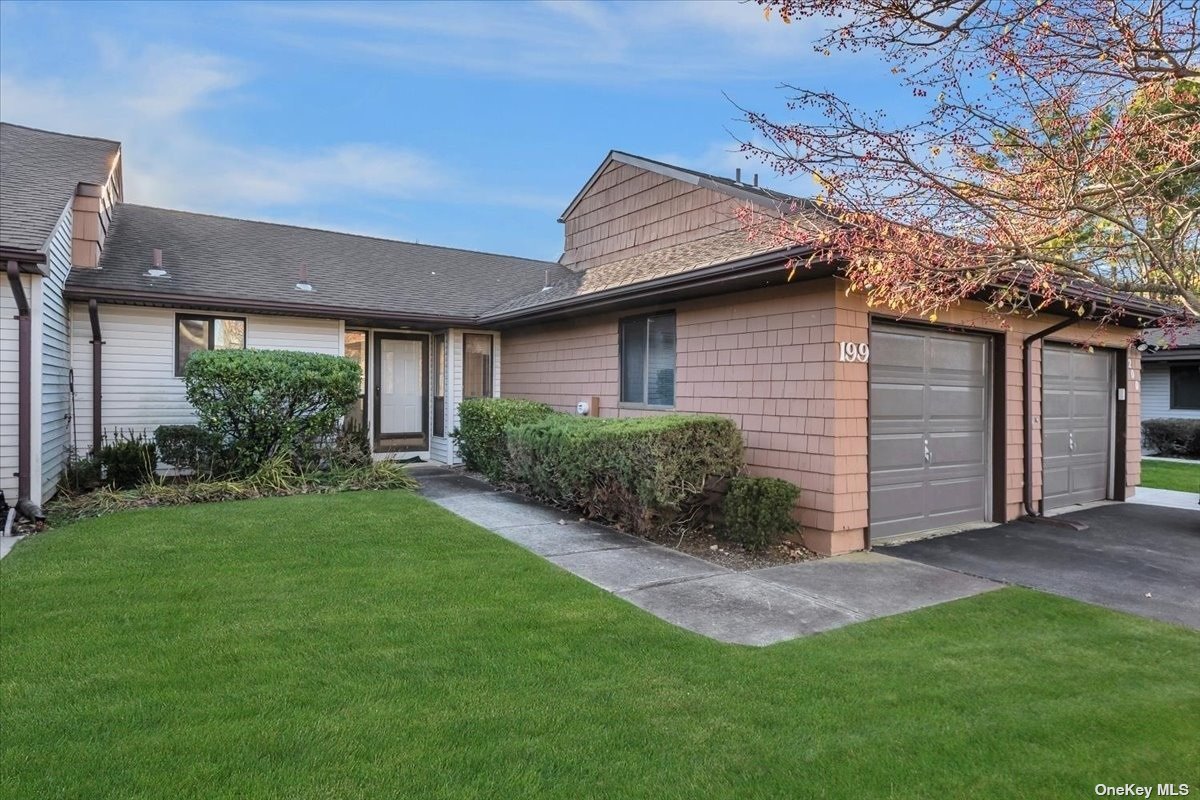 a backyard of a house with plants and large tree