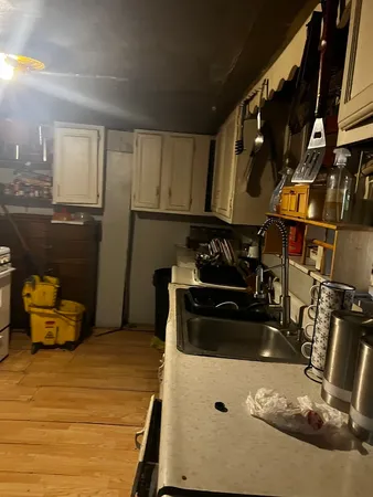 a kitchen with a sink and wooden cabinets