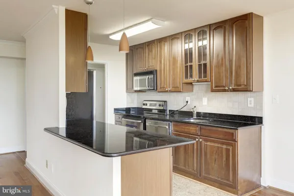 a kitchen with stainless steel appliances granite countertop a sink and a refrigerator