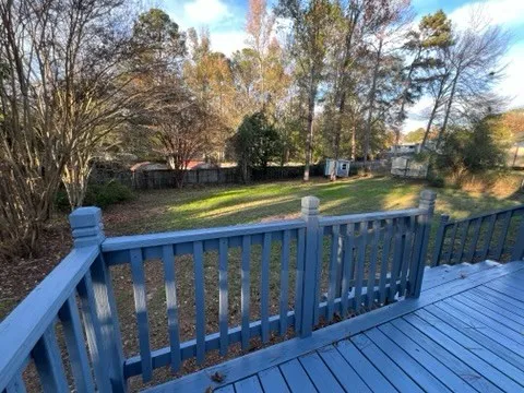 a view of a yard in front of a house with plants and large tree
