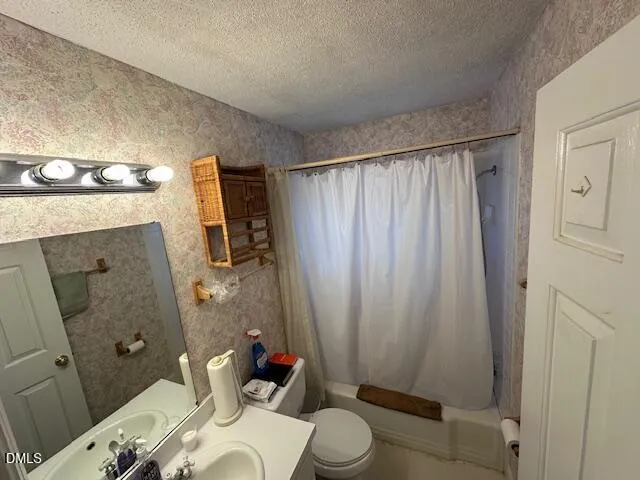 a bathroom with a sink a toilet and shower curtain