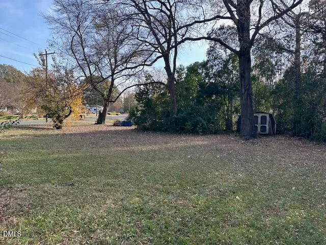 a view of a field with large trees