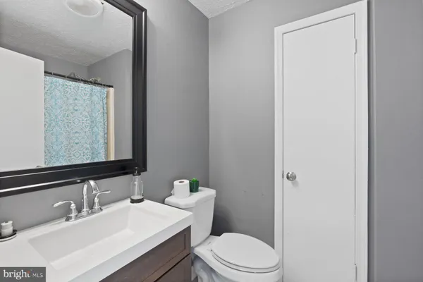 a bathroom with a sink a toilet and mirror