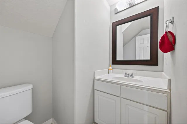 a bathroom with a toilet sink vanity and mirror