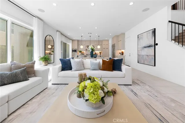 a living room with furniture and a potted plant