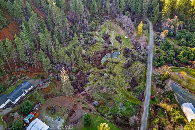 a backyard of a building with lots of plants and trees