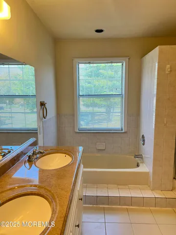 a bathroom with a granite countertop sink and a bathtub