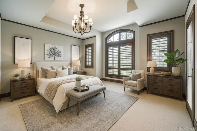 a spacious bedroom with a bed and a chandelier