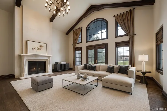 a living room with furniture fireplace and a large window