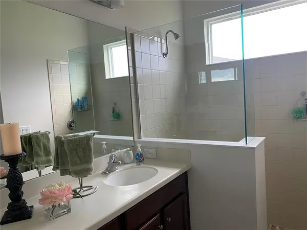 a bathroom with a sink and a mirror