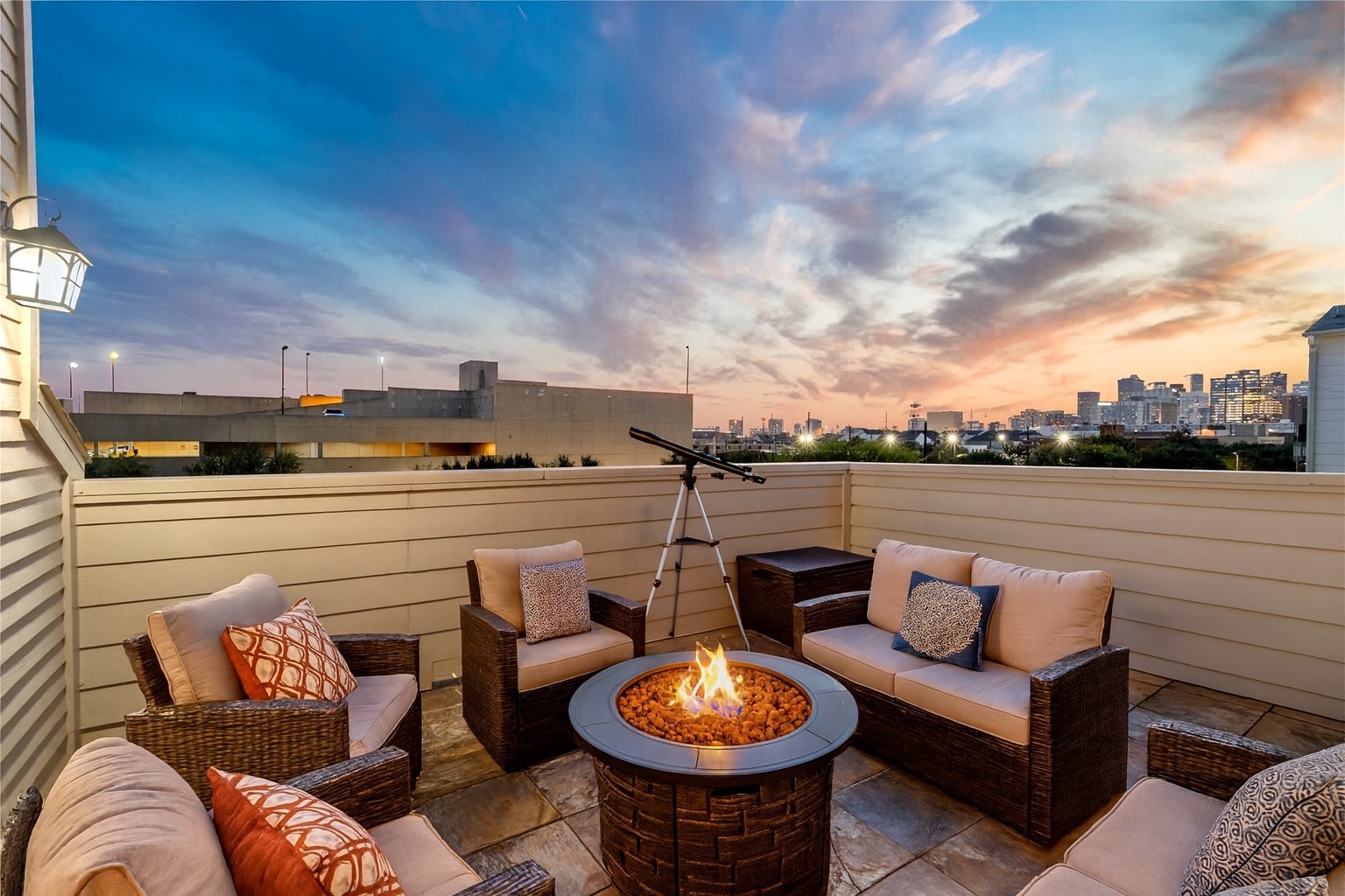 This modern home boasts a spacious open-concept living area with sleek finishes, perfect for entertaining, and a patio that blends AI-designed furnishings with breathtaking real sunsets.