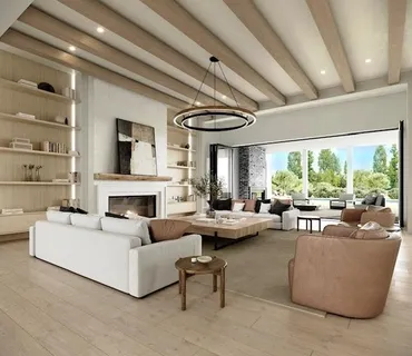 a living room with fireplace furniture and a large window