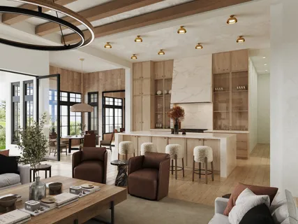 a living room with furniture wooden floor and a large window