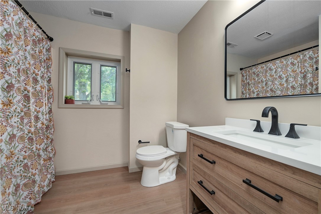 433 Chestnut Road Independence, OH 44131 - Photo 32 of 50 Full bath with wood finished floors, vanity, a textured ceiling, and a shower with curtain