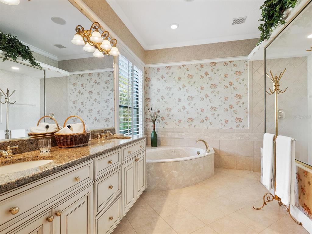 13911 Siena Loop Lakewood Ranch, FL 34202 - Photo 24 of 63 a bathroom with a granite countertop sink a toilet a mirror a bathtub and shower