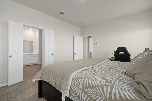 a bedroom with a bed and a closet