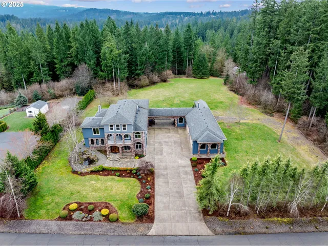an aerial view of a house with a garden