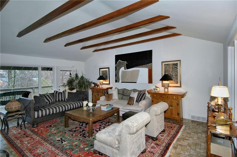 817 Elm Spring Road Mt. Lebanon, PA 15243 - Photo 4 of 25 Great Room - Designer custom ceramic tile flooring and raised ceiling with beams.
