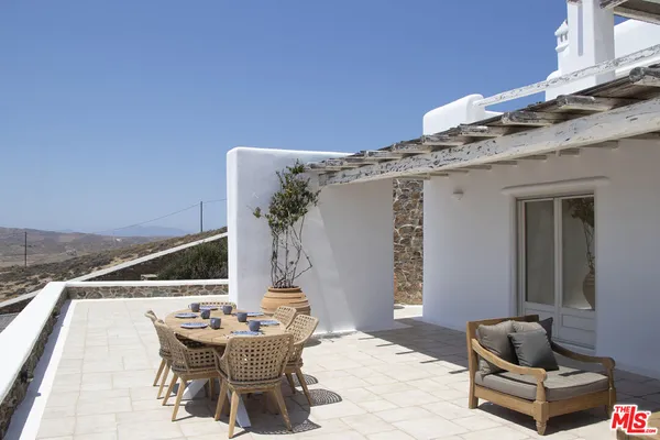 a patio with couches and a potted plant on a table