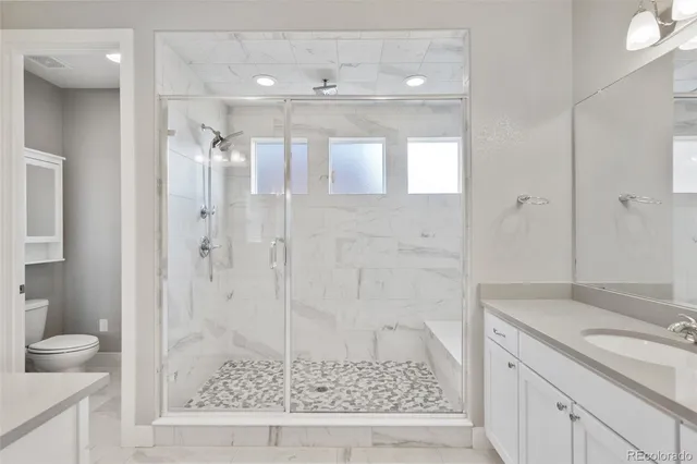 a bathroom with a granite countertop sink a toilet and shower