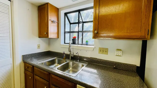 a kitchen with a sink and a window