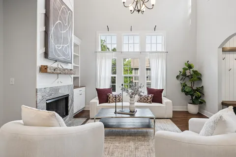 a living room with furniture fireplace and potted plants