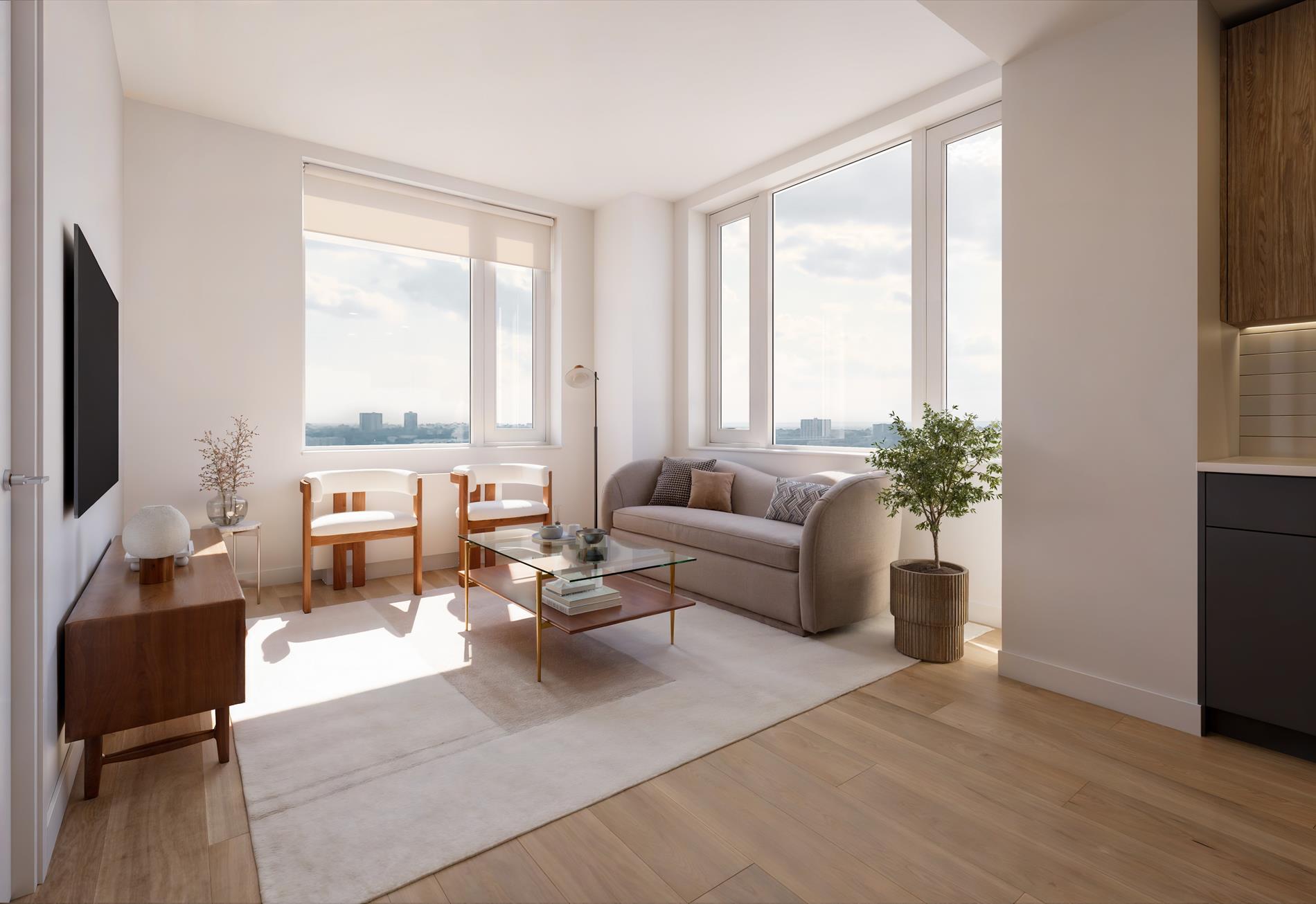 1440 Amsterdam Avenue, Unit 1617 Manhattan, NY 10027 - Photo 1 of 25 a living room with furniture potted plant and a large window