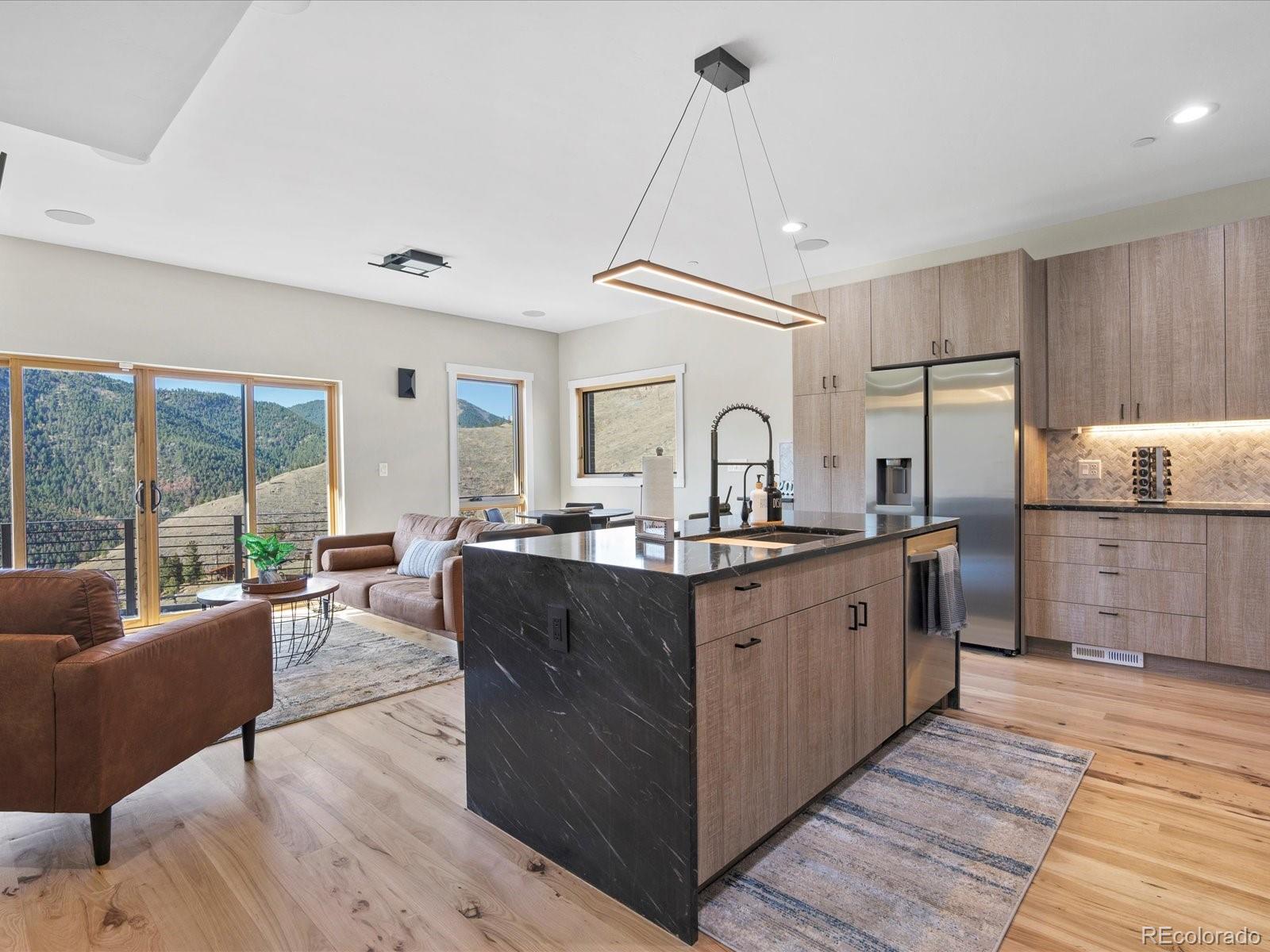 718 Emerson Gulch Road Boulder, CO 80302 - Photo 18 of 42 a living room with stainless steel appliances kitchen island granite countertop a sink a counter top space and living room view