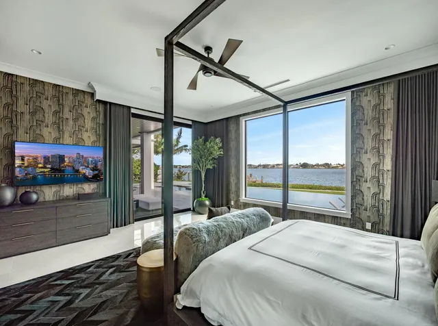 a bedroom with a bed and a large window