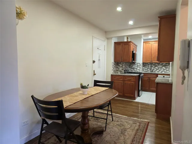 a view of a dining room with furniture