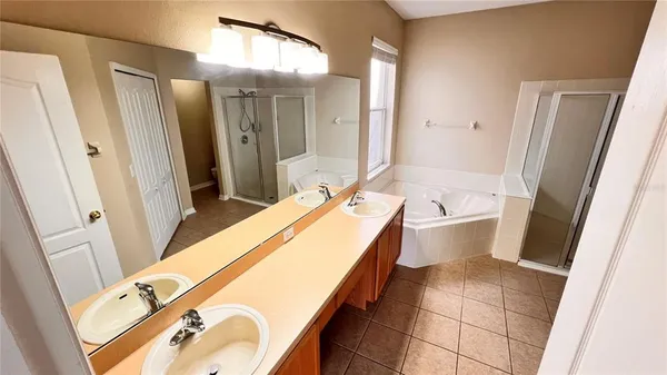 a bathroom with a tub sink and mirror