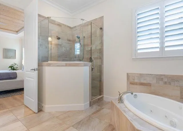 a bathroom with a bathtub and a shower