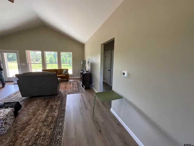 a living room with furniture and a rug