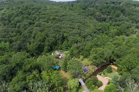 an aerial view of residential house with outdoor space and trees all around