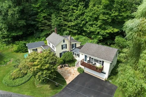 an aerial view of a house with a yard potted plants and large tree