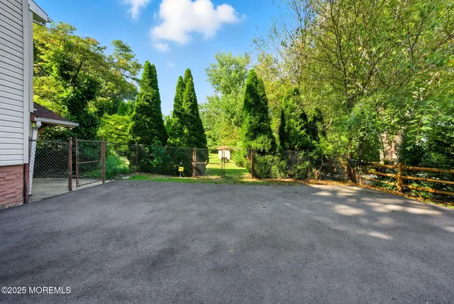 a view of a garden with large trees