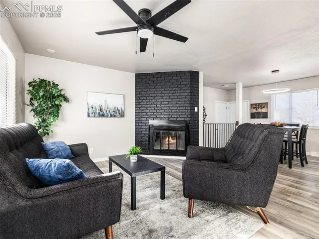 a living room with furniture and a potted plant