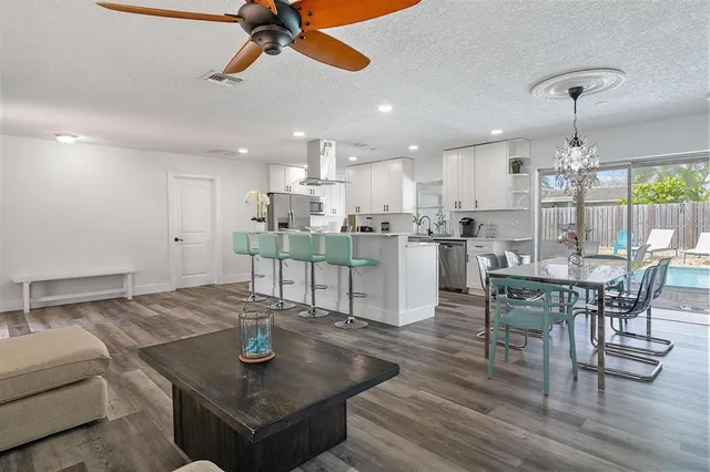 a view of a dining room with furniture and wooden floor