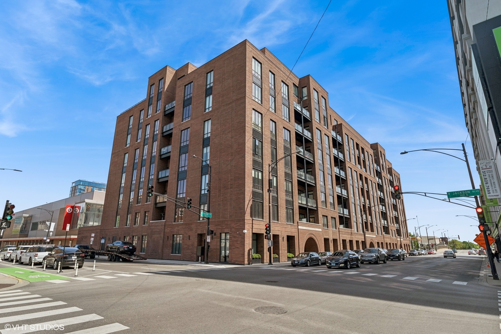 a view of a building with a street
