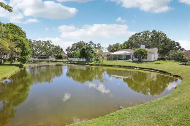 a view of a lake with houses in the background