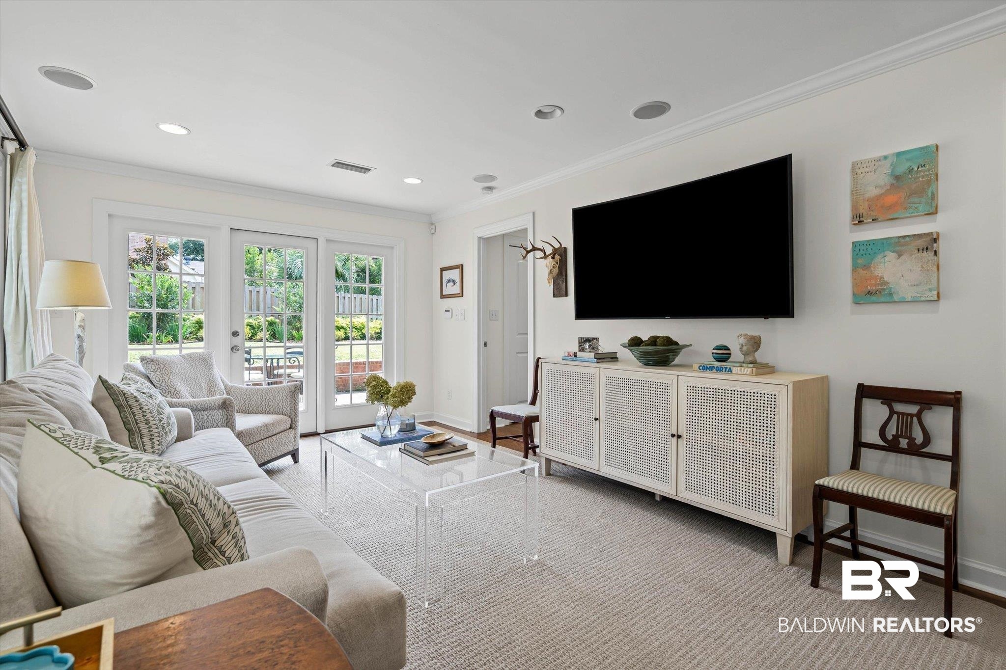 77 North Hathaway Road Mobile, AL 36608 - Photo 14 of 33 Living room with crown molding, french doors, carpet, and recessed lighting
