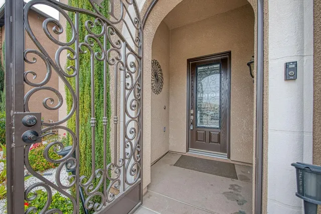 a door with a tree and a window