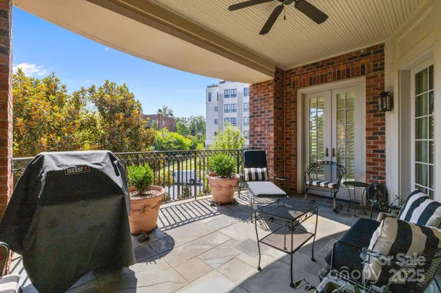 a building outdoor space with patio furniture