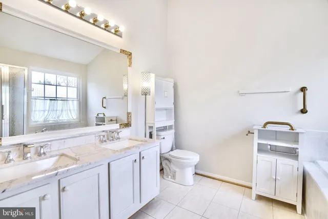 a bathroom with a double vanity sink a toilet and a mirror