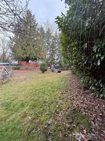 a view of a field with trees in the background